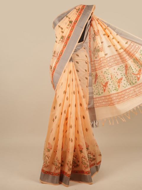 

Pothys Peach-Coloured & Green Ethnic Motifs Printed Zari Pure Cotton Saree