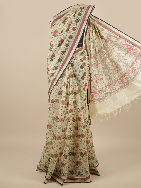 

Pothys Cream-Coloured & Green Floral Zari Pure Cotton Saree