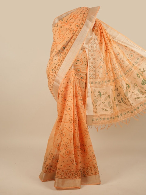 

Pothys Peach-Coloured & Green Floral Printed Pure Cotton Saree