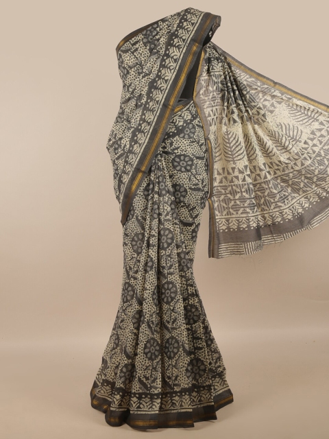 

Pothys Grey & Off-White Ethnic Motifs Printed Poly Chiffon Saree