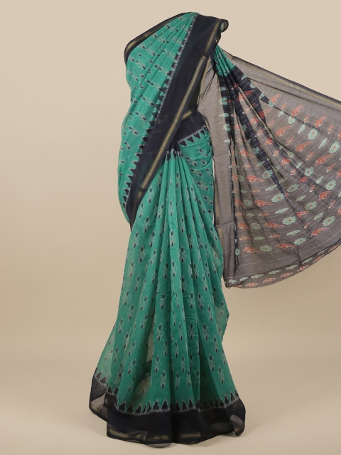 

Pothys Green & Navy Blue Poly Chiffon Batik Zari Saree