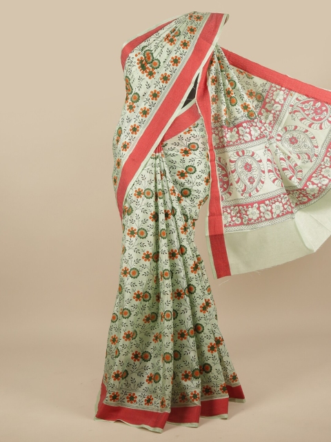 

Pothys Green & Orange Floral Printed Jute Silk Saree
