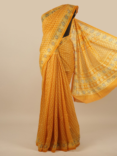 

Pothys Mustard & Blue Floral Printed Poly Chiffon Saree