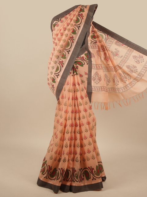 

Pothys Peach-Coloured & Green Ethnic Motifs Pure Cotton Saree