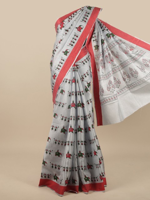 

Pothys Grey & Red Ethnic Motifs Jute Silk Saree