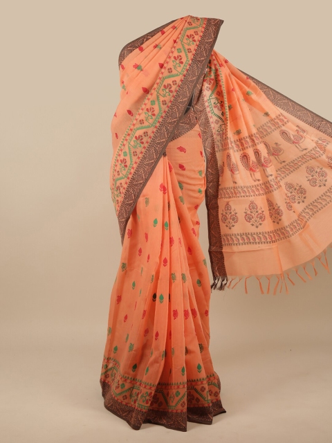 

Pothys Peach-Coloured & Green Ethnic Motifs Pure Cotton Saree