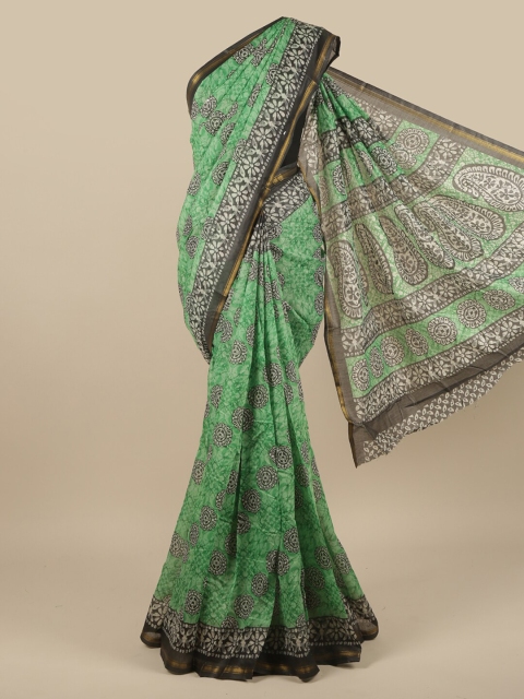 

Pothys Green & Grey Ethnic Motifs Printed Zari Saree