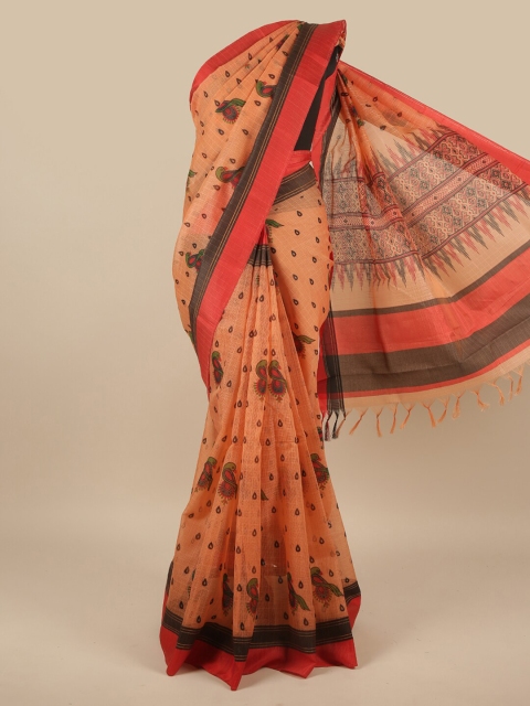 

Pothys Peach-Coloured & Green Ethnic Motifs Net Saree
