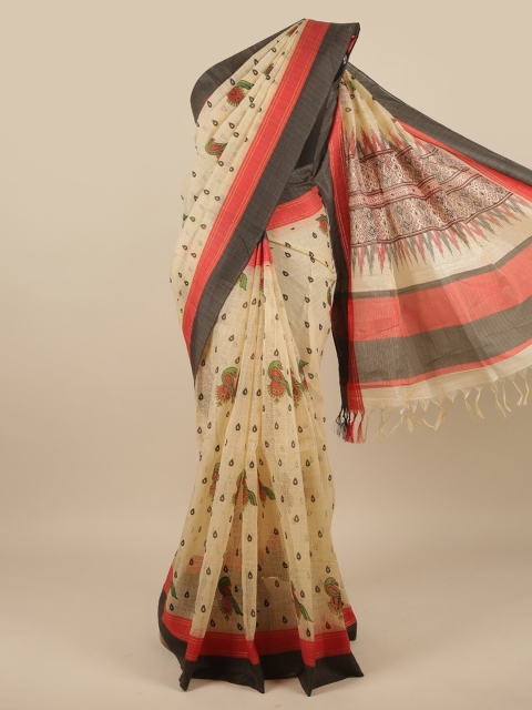 

Pothys Cream-Coloued Ethnic Motifs Printed Net Saree