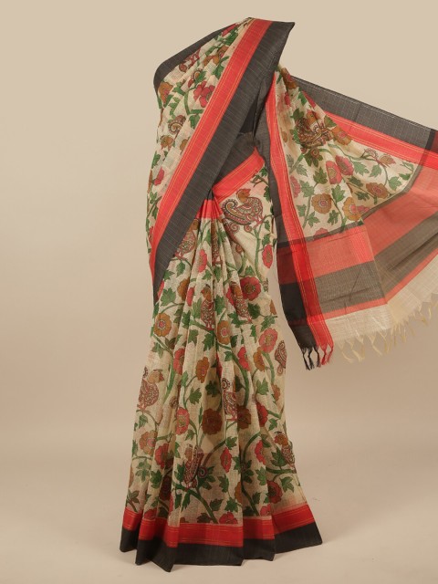 

Pothys Cream-Coloured & Red Floral Net Saree