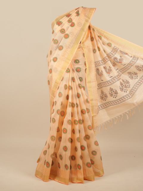 

Pothys Peach-Coloured & Orange Ethnic Motifs Zari Pure Cotton Saree