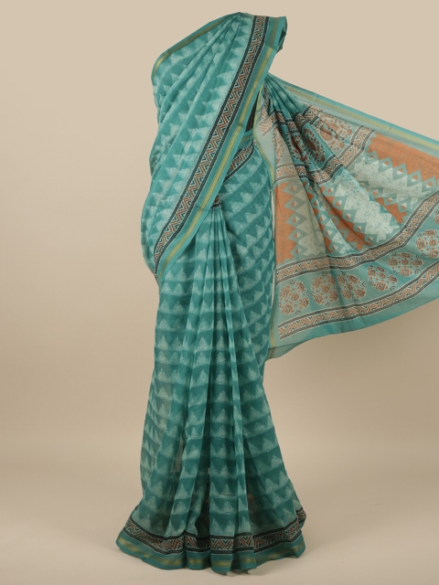 

Pothys Green & Orange Poly Chiffon Zari Saree