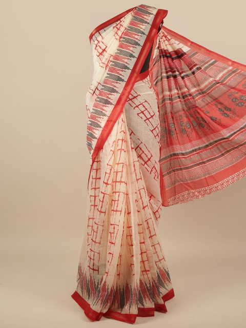 

Pothys Cream-Coloured & Red Zari Geometric Printed Saree