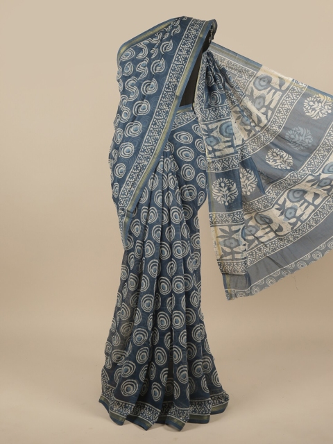 

Pothys Blue Ethnic Motifs Printed Poly Chiffon Saree