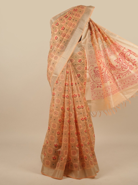 

Pothys Peach-Coloured & Red Ethnic Motifs Zari Pure Cotton Saree