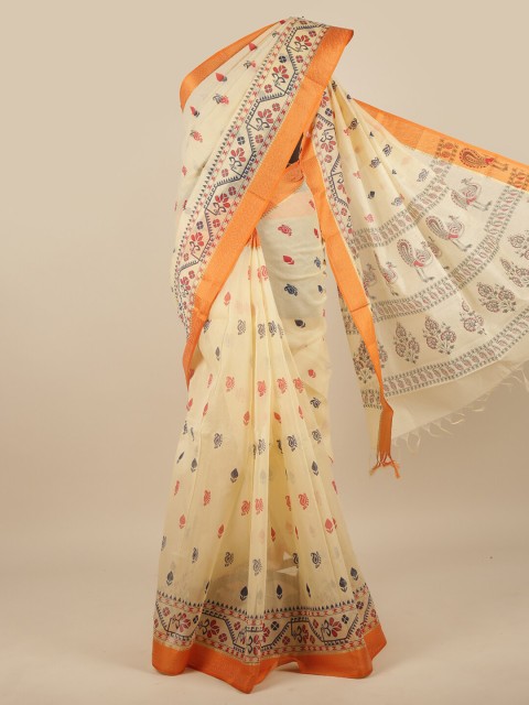 

Pothys Cream-Coloured & Orange Floral Printed Zari Pure Cotton Saree