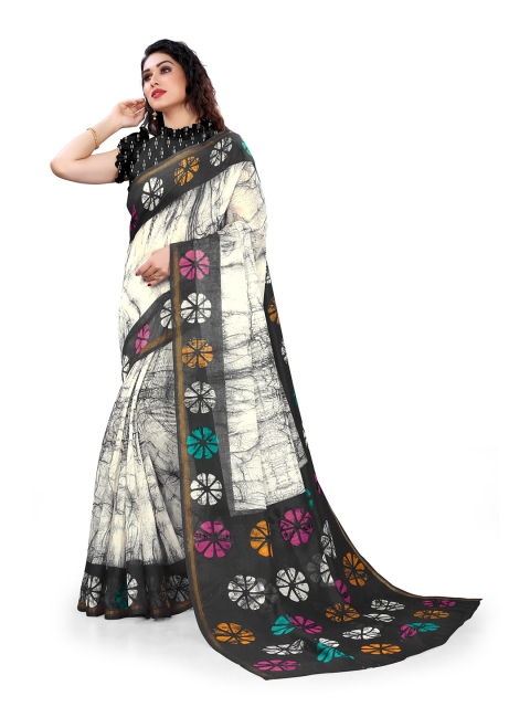 

KALINI Off White & Green Floral Zari Saree