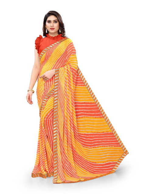 

KALINI Yellow & Orange Printed Poly Georgette Saree