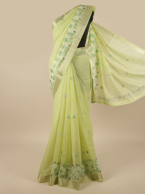 

Pothys Green & White Floral Embroidered Chanderi Saree