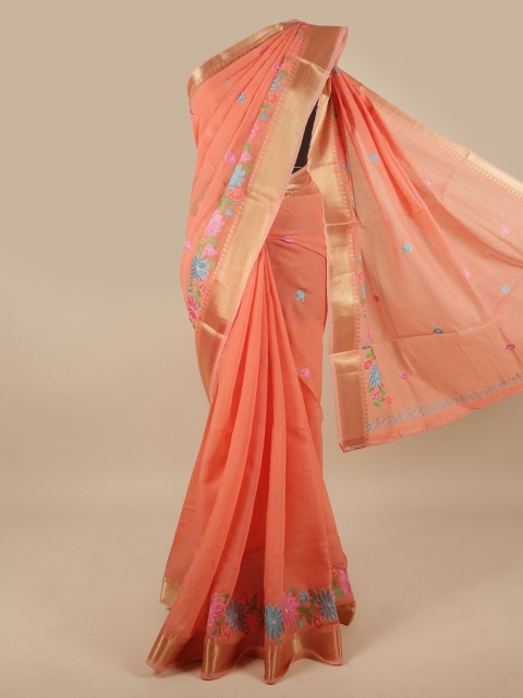 

Pothys Peach-Coloured & Blue Ethnic Motifs Embroidered Saree