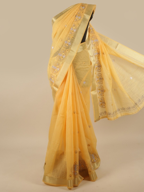 

Pothys Yellow & Gold-Toned Ethnic Motifs Embroidered Saree