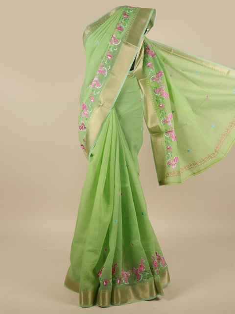 

Pothys Green & Pink Floral Embroidered Zari Saree
