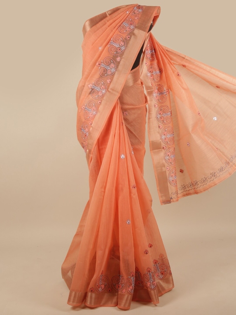 

Pothys Peach-Coloured & Gold-Toned Floral Embroidered Saree
