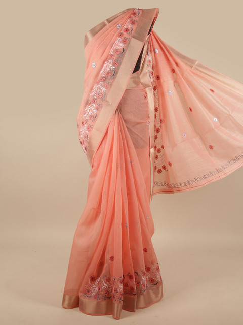 

Pothys Peach-Coloured Floral Embroidered Saree