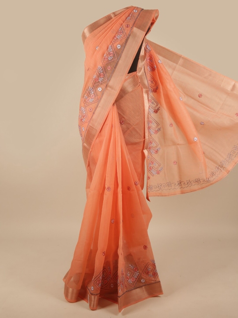 

Pothys Peach-Coloured Embroidered Chanderi Cotton Saree