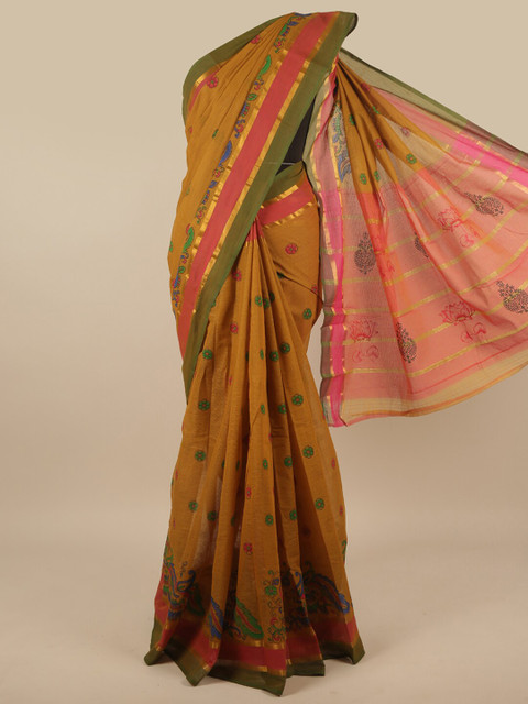 

Pothys Mustard & Pink Floral Printed Zari Pure Cotton Saree