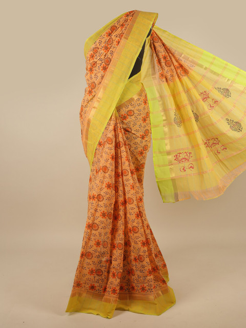 

Pothys Orange & Green Floral Printed Zari Pure Cotton Saree