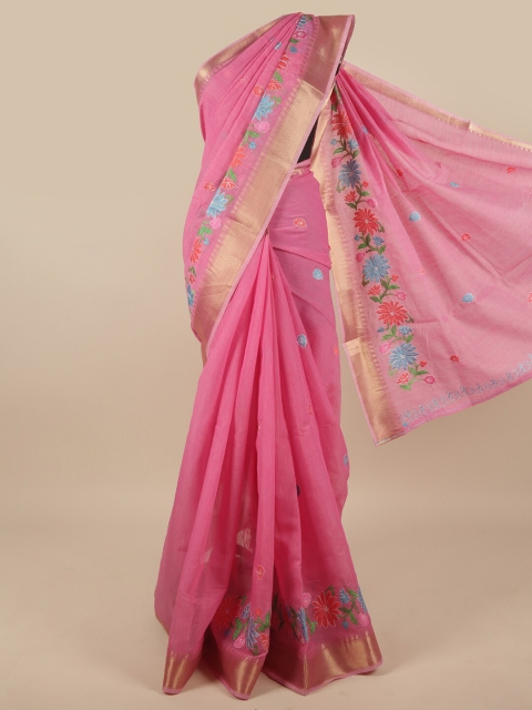 

Pothys Pink & Blue Floral Chanderi Zari Saree