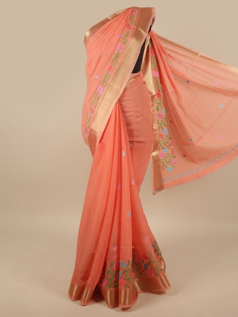 

Pothys Peach-Coloured Floral Zari Chanderi Saree