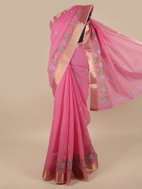 

Pothys Pink & Blue Floral Zari Saree