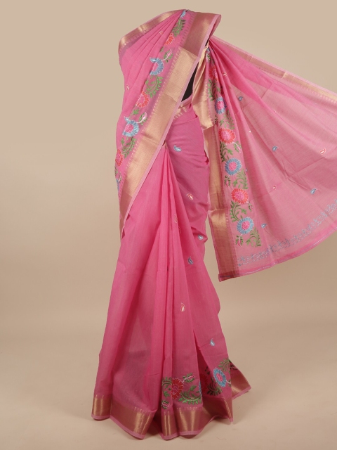 

Pothys Pink & Blue Floral Embroidered Saree