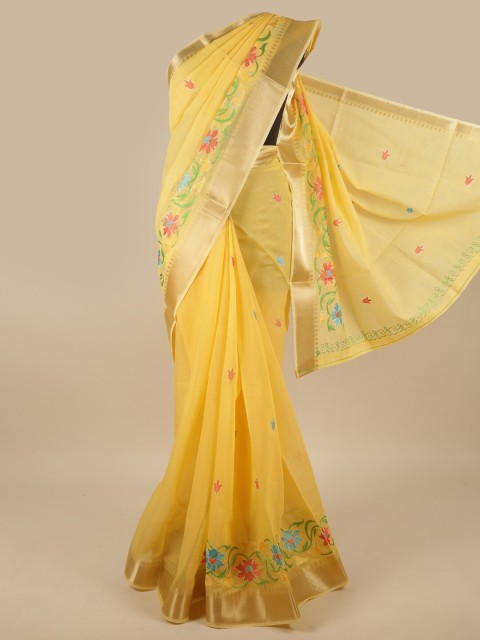

Pothys Yellow & Green Floral Zari Saree