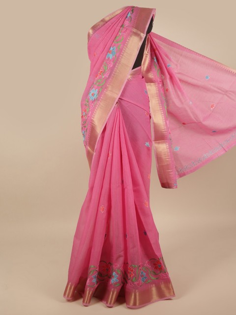 

Pothys Pink & Blue Floral Chanderi Cotton Zari Saree