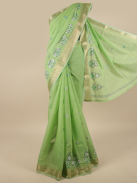 

Pothys Green & Gold-Toned Floral Printed Zari Saree