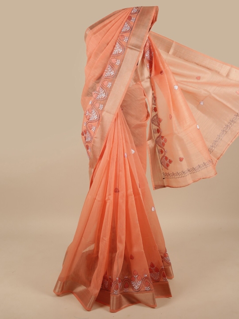 

Pothys Peach-Coloured & White Floral Printed Zari Saree