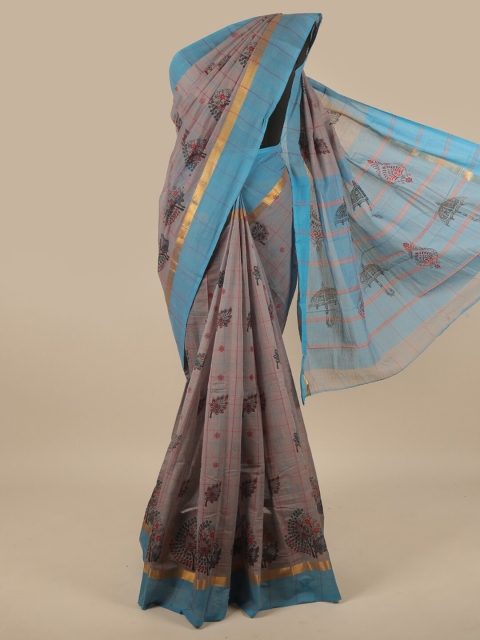 

Pothys Grey & Blue Ethnic Motifs Zari Pure Cotton Saree