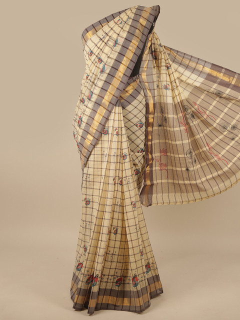 

Pothys Cream-Coloured & Brown Ethnic Motifs Zari Pure Cotton Saree