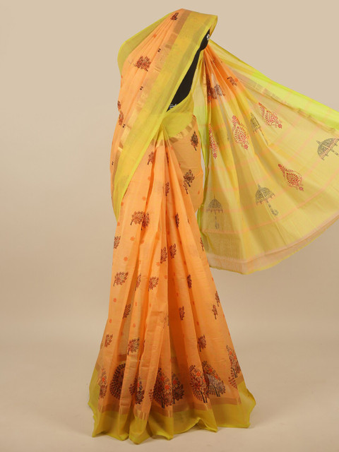 

Pothys Orange & Green Floral Zari Pure Cotton Saree