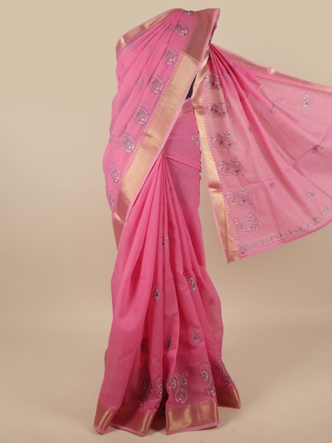 

Pothys Pink & Gold-Toned Ethnic Motifs Embroidered Saree