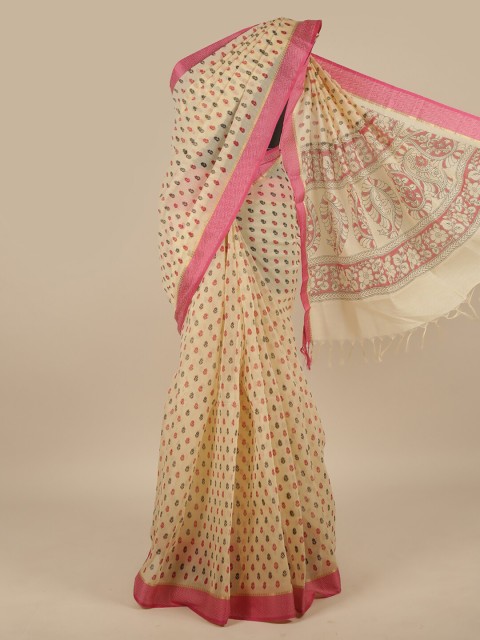 

Pothys Tan & Pink Ethnic Motifs Zari Pure Cotton Saree