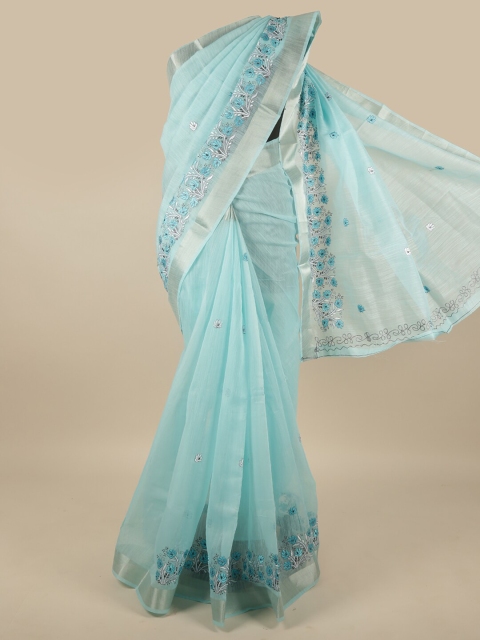 

Pothys Blue Floral Zari Chanderi Saree