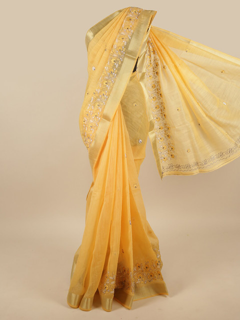 

Pothys Yellow & Gold-Toned Ethnic Motifs Embroidered Saree