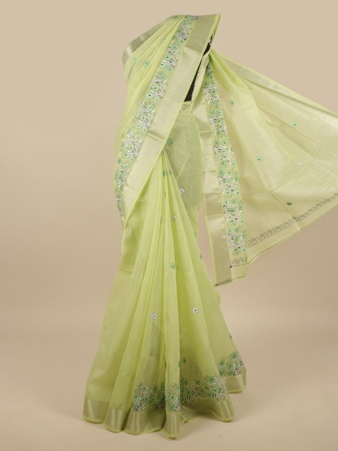 

Pothys Green & White Floral Printed Chanderi Cotton Zari Saree