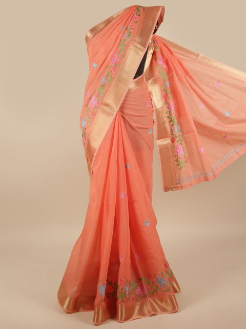 

Pothys Peach-Coloured & Blue Floral Zari Saree