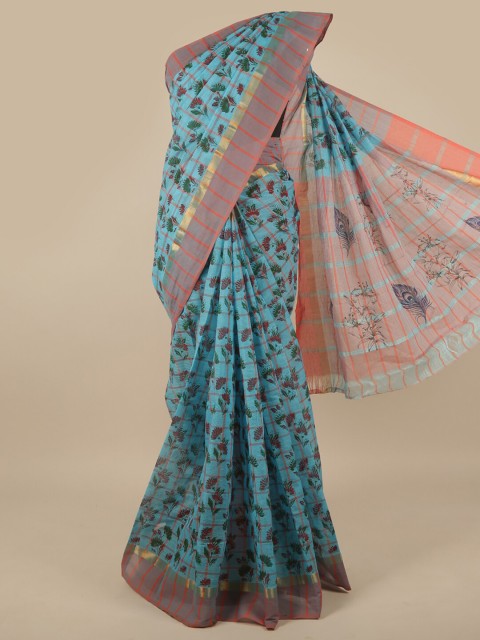 

Pothys Blue & Green Floral Zari Pure Cotton Saree