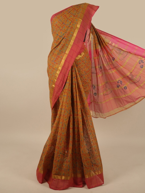 

Pothys Mustard Yellow & Red Ethnic Motifs Zari Pure Cotton Saree